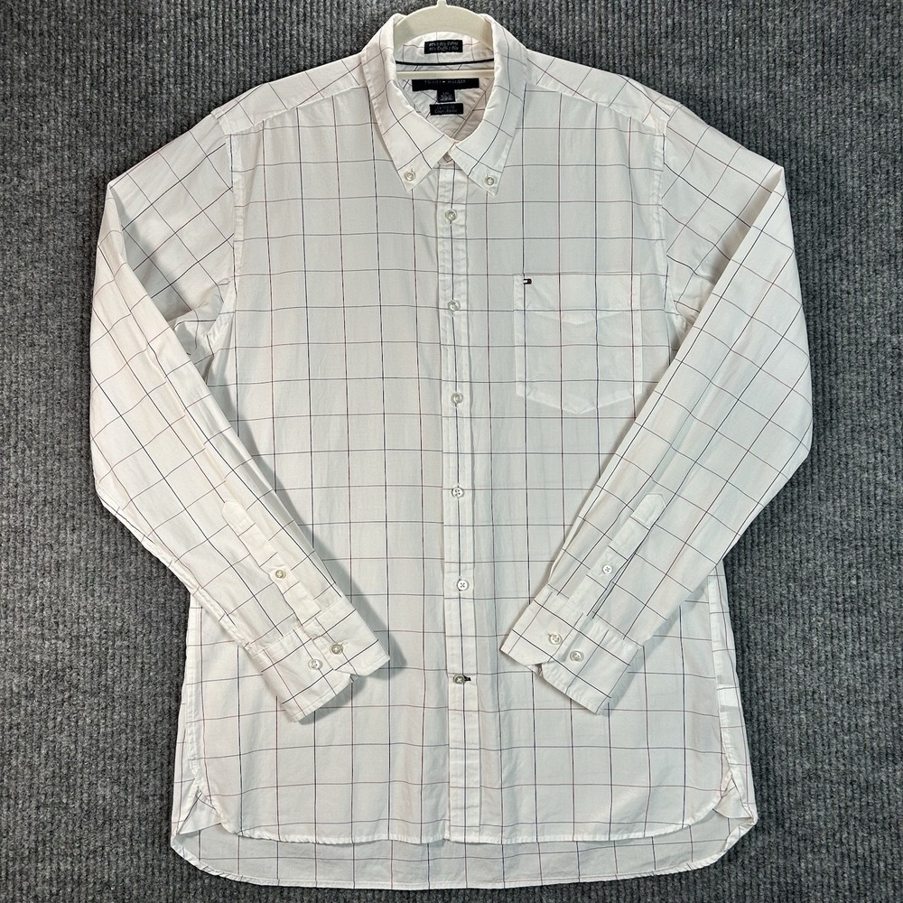VTG Tommy Hilfiger Shirt Mens L Blue Crown Logo Vertical Stripes 80's 2 Ply